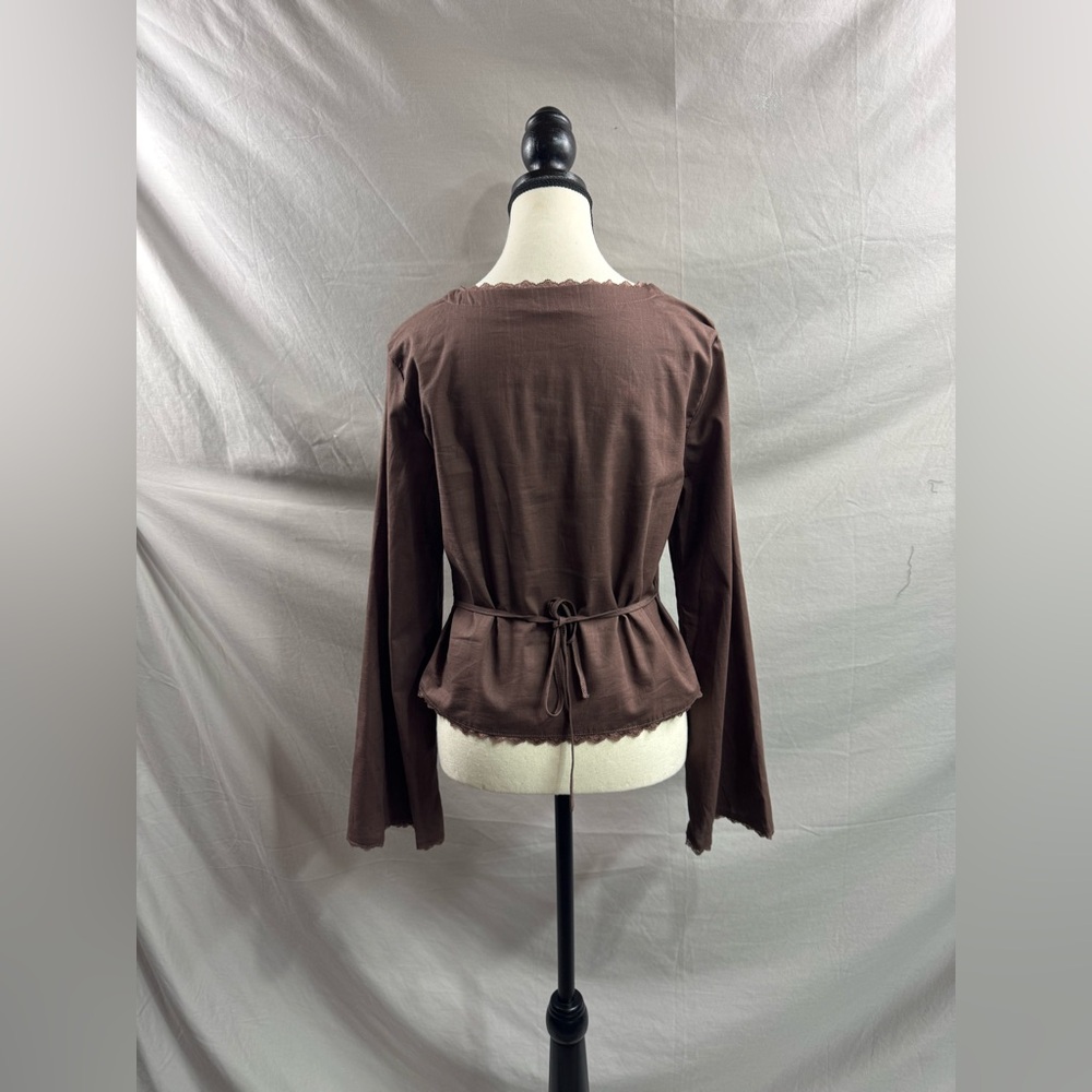 Boho Cotton Lace Cap Sleeve Single Button Blouse Brown - Picture 8 of 8